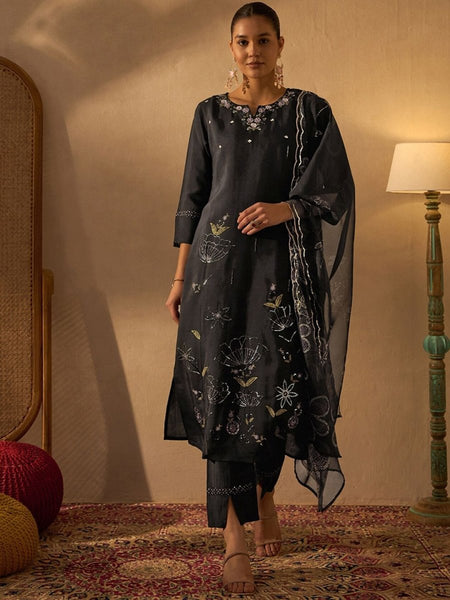 Anouk Women Ethnic Motifs Embroidered Beads and Stones Kurta Trousers With Dupatta