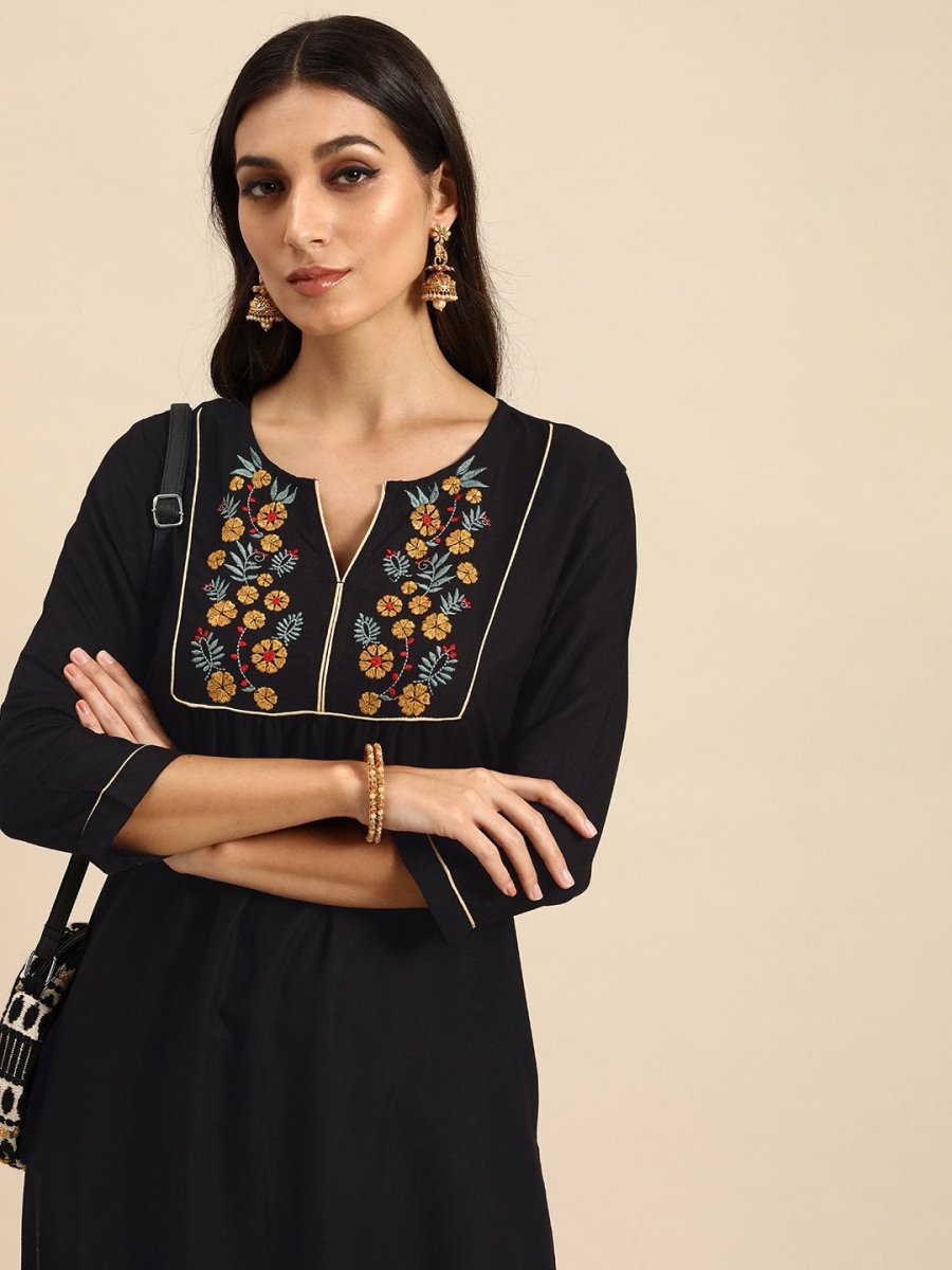 All About You Women Black Floral Yoke Design Embroidered Thread Work Straight Kurta - Distacart