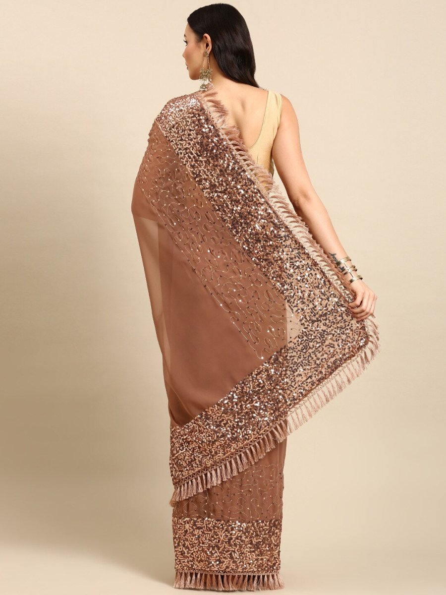 Anouk Nude-Coloured & Gold-Toned Sequin Embellished Pure Georgette Saree - Distacart