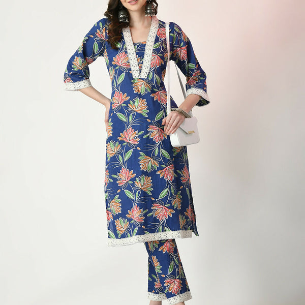 Myshka Women's Blue Printed Kurta With Trousers - Distacart