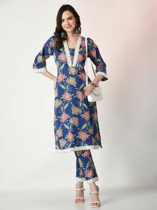 Myshka Women's Blue Printed Kurta With Trousers - Distacart