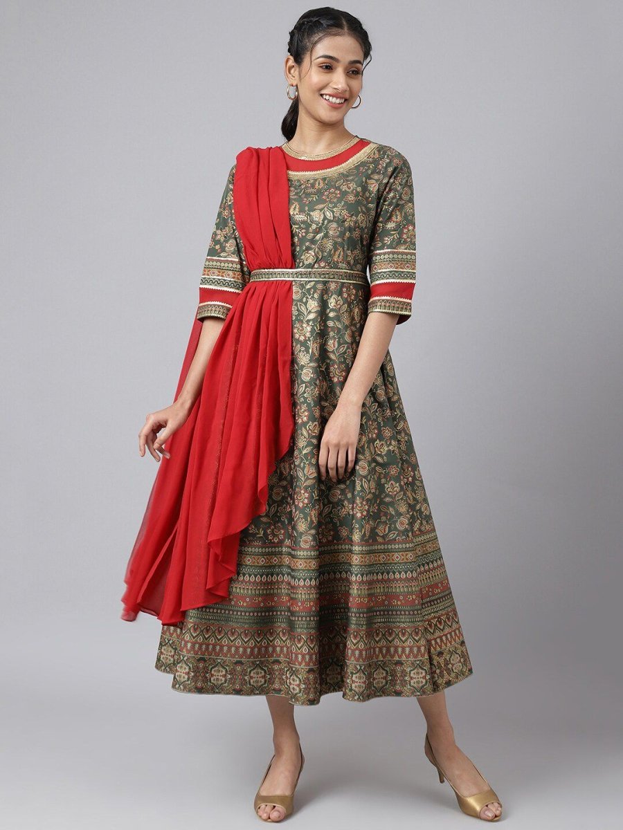 AURELIA Women Green & Red Ethnic Motifs Midi Dress With Dupatta - Distacart