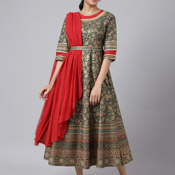 AURELIA Women Green & Red Ethnic Motifs Midi Dress With Dupatta - Distacart