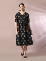 Thumbnail for Myshka Women's Black Printed Cotton V-Neck Empire Party Dress - Distacart