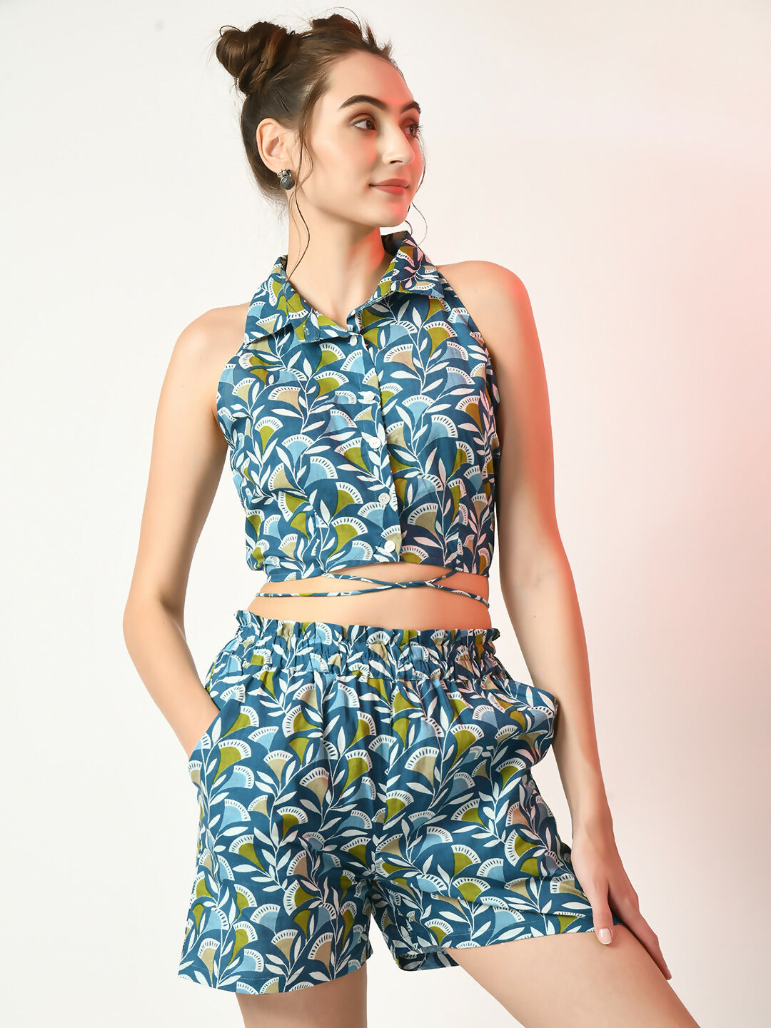 Myshka Women's Blue Printed Top With Shorts - Distacart