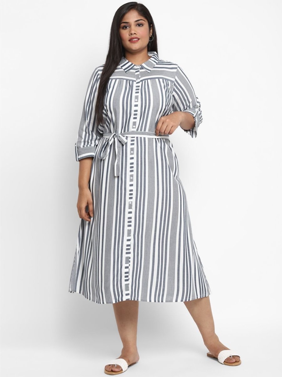 AURELIA Blue & White Striped Shirt Midi Dress With Waist Tie Up - Distacart