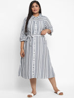 Thumbnail for AURELIA Blue & White Striped Shirt Midi Dress With Waist Tie Up - Distacart