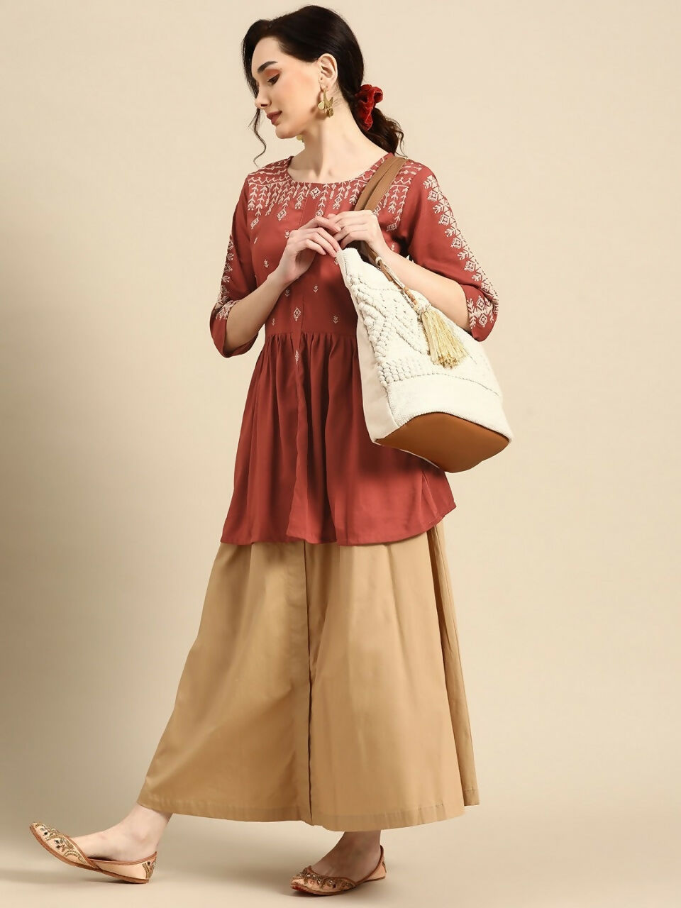 Women's Rust Viscose blend Embroidered Short Top - Marina - Distacart