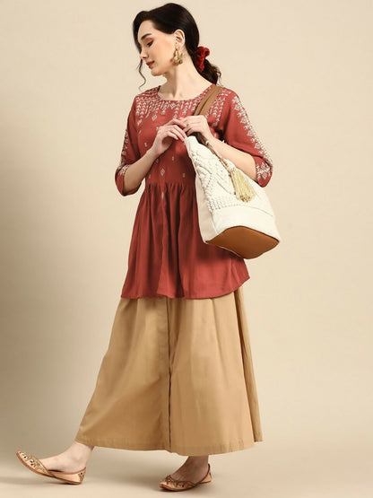 Women's Rust Viscose blend Embroidered Short Top - Marina - Distacart
