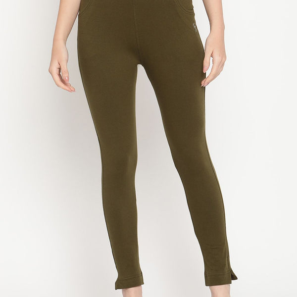 TAG 7 Women Olive Green Solid Ankle-Length Leggings - Distacart