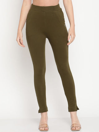 TAG 7 Women Olive Green Solid Ankle-Length Leggings - Distacart