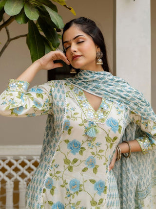 Anouk Floral Yoke Design Empire Mirror Work Pure Cotton Kurta with Patiala & Dupatta - Distacart