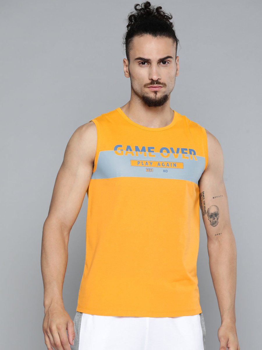 Alcis Men Mustard Yellow Typography Printed Slim Fit Gym T-shirt - Distacart
