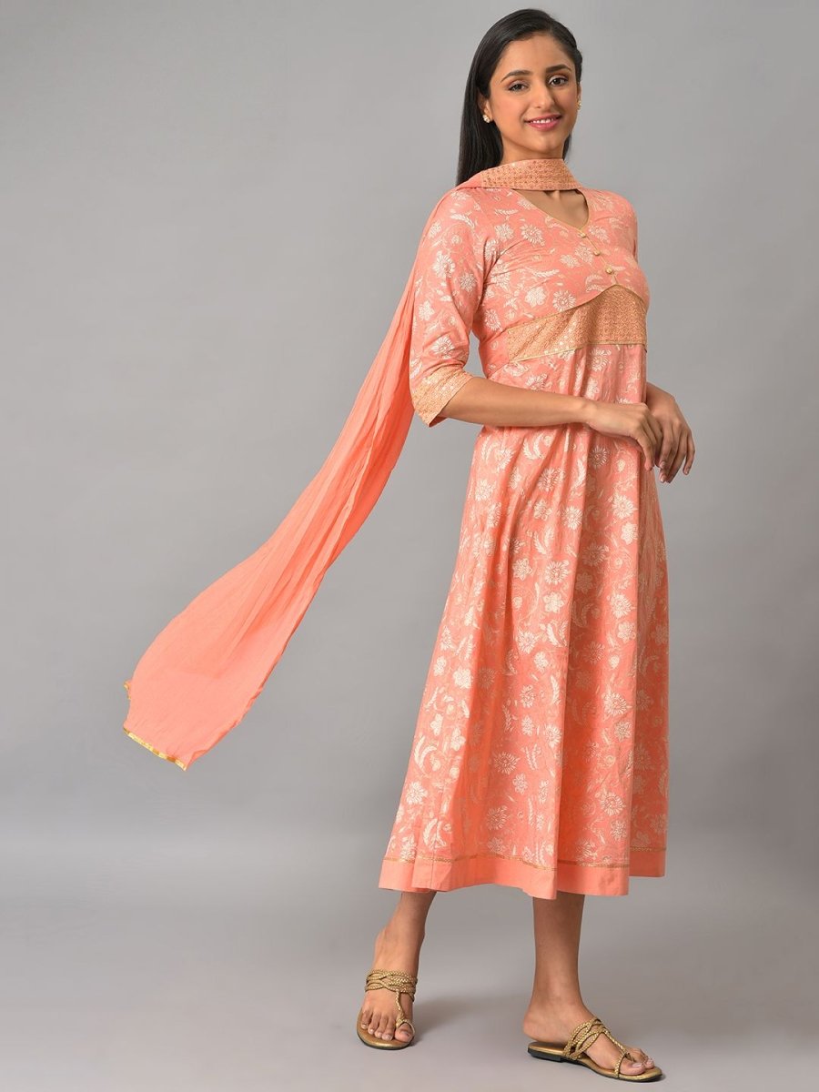 AURELIA Floral Print Sequinned A-Line Pure Cotton Midi Ethnic Dress With Dupatta