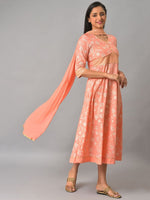 Thumbnail for AURELIA Floral Print Sequinned A-Line Pure Cotton Midi Ethnic Dress With Dupatta