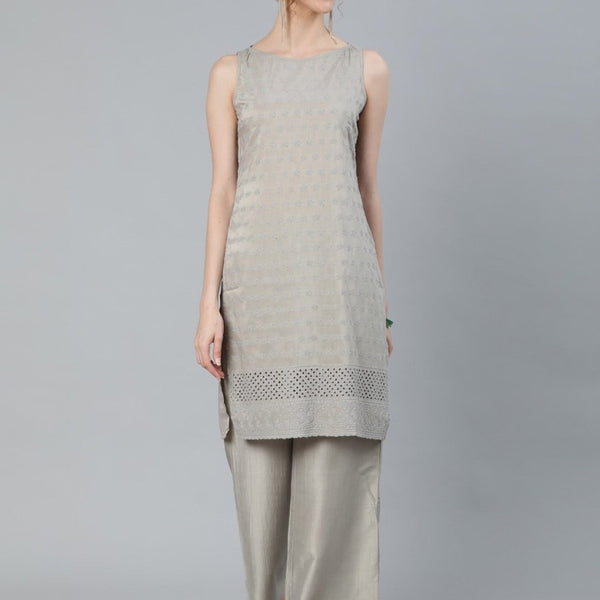 Aks Floral Embroidered Thread Work Sleeveless Kurta With Palazzos - Distacart