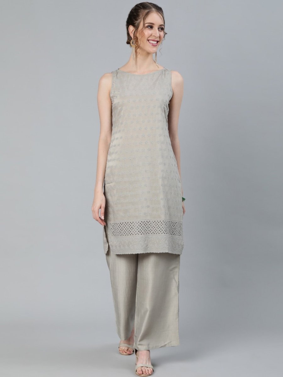 Aks Floral Embroidered Thread Work Sleeveless Kurta With Palazzos - Distacart