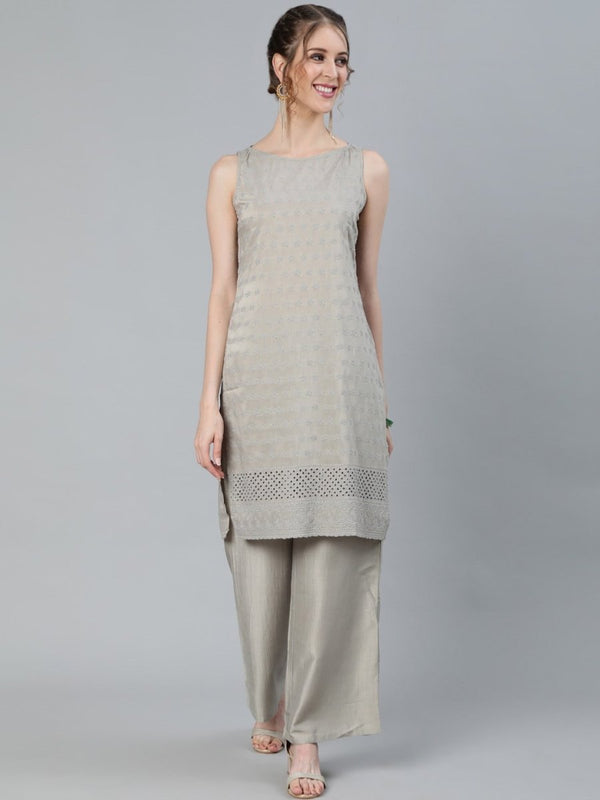 Aks Floral Embroidered Thread Work Sleeveless Kurta With Palazzos - Distacart