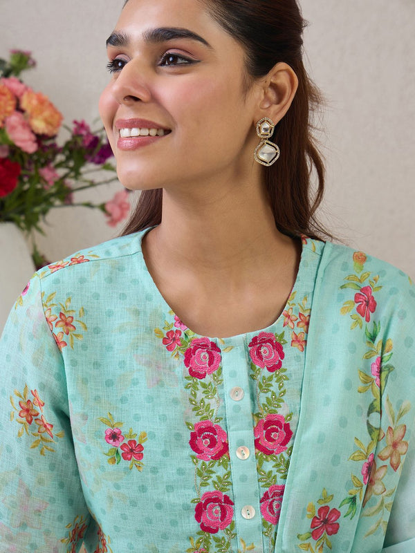 Indo Era Women Floral Embroidered Thread Work Linen Kurta with Trousers & With Dupatta