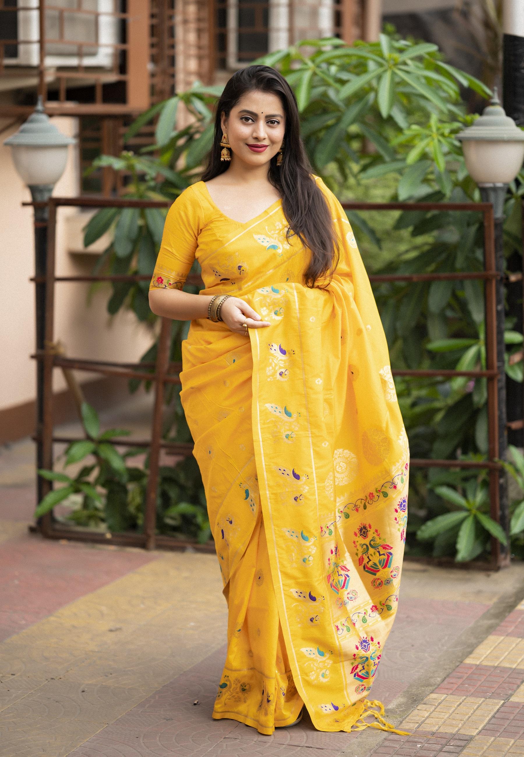 Yellow Pure Silk Woven Design Saree with Unstitched Blouse - A2M - Distacart