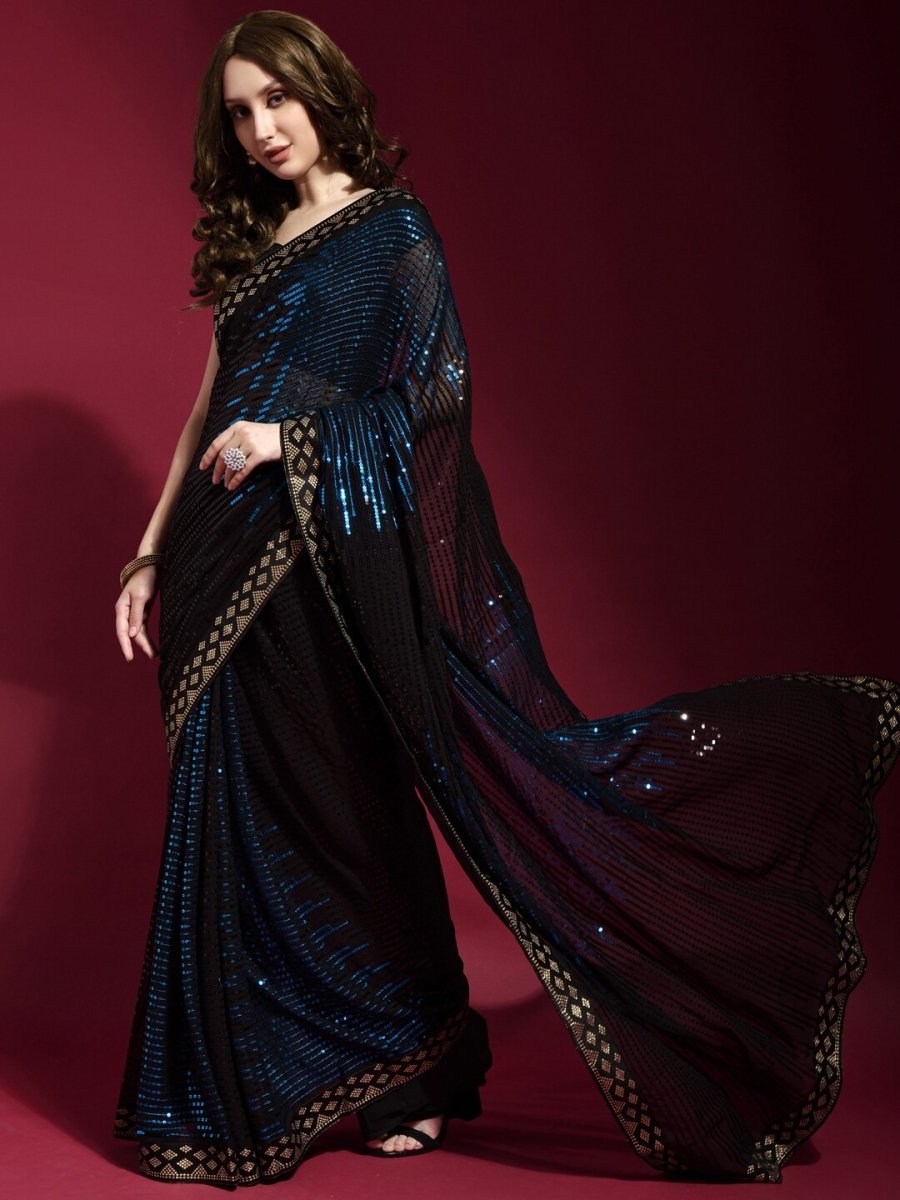Anouk Black & Blue Embellished Sequinned Pure Georgette Saree - Distacart