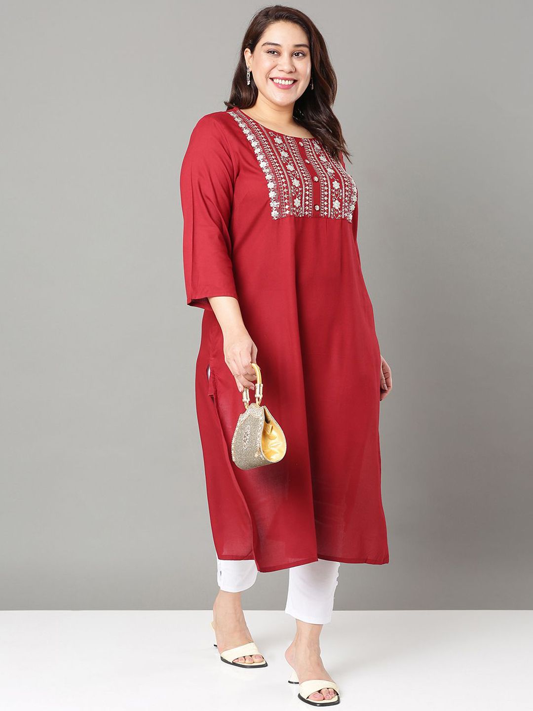 Sztori Plus Size Floral Yoke Design Mirror Work Straight Kurta - Distacart