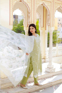 Thumbnail for Vaasva Women Pista Green Linen Printed Kurta, Pant & Dupatta set - Distacart