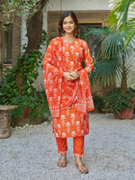 Thumbnail for The52 Orange Women's Beautiful Cotton Blend Fabric Printed Work Straight Kurta, Pant and Dupatta Set - Distacart
