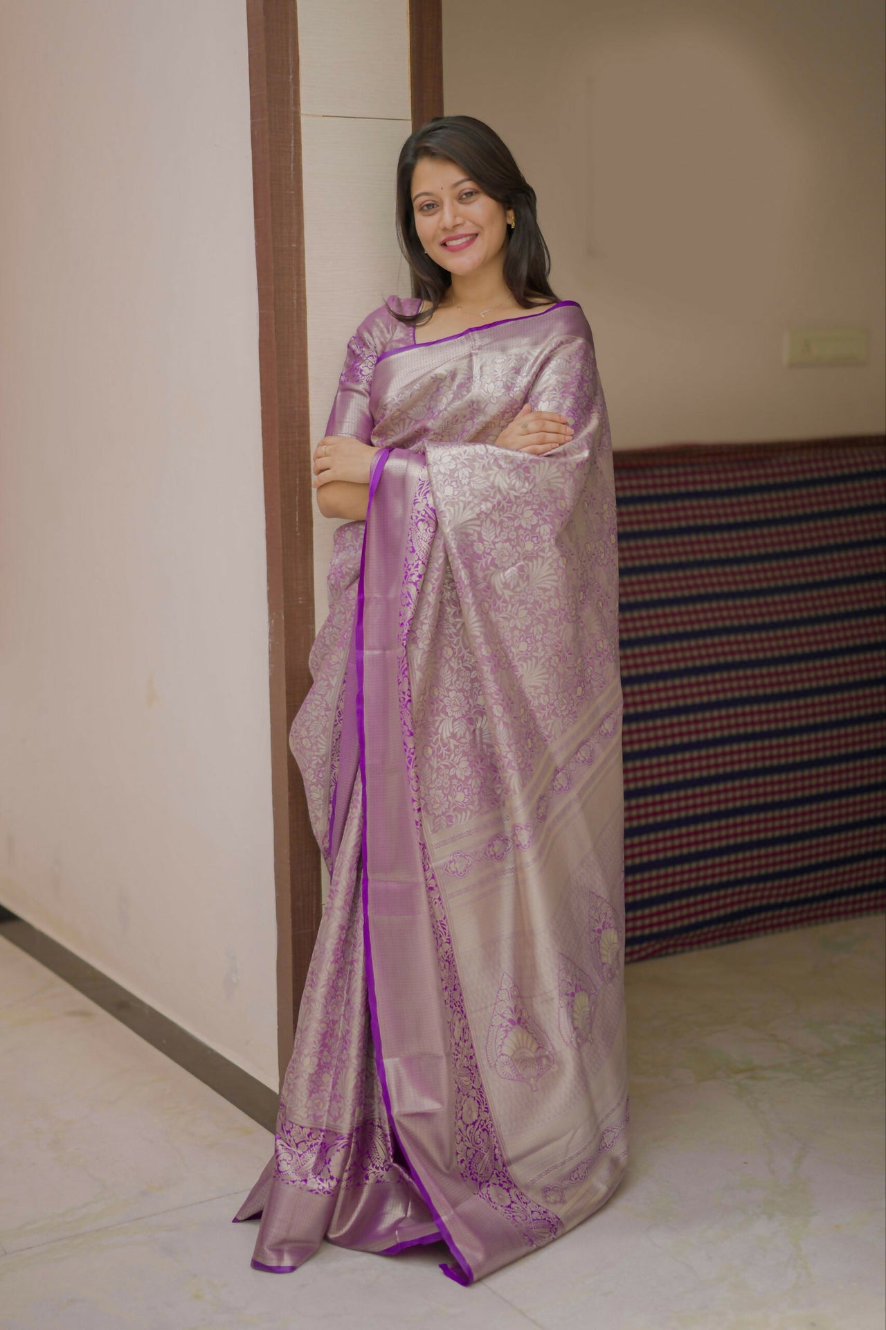 Prime Volt Bridal Kanchipuram Silk Saree with Rich Zari Weaving & Contrast Border-Purple - Dista