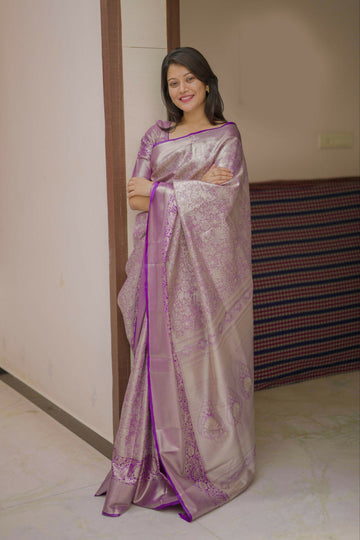 Prime Volt Bridal Kanchipuram Silk Saree with Rich Zari Weaving & Contrast Border-Purple - Dista