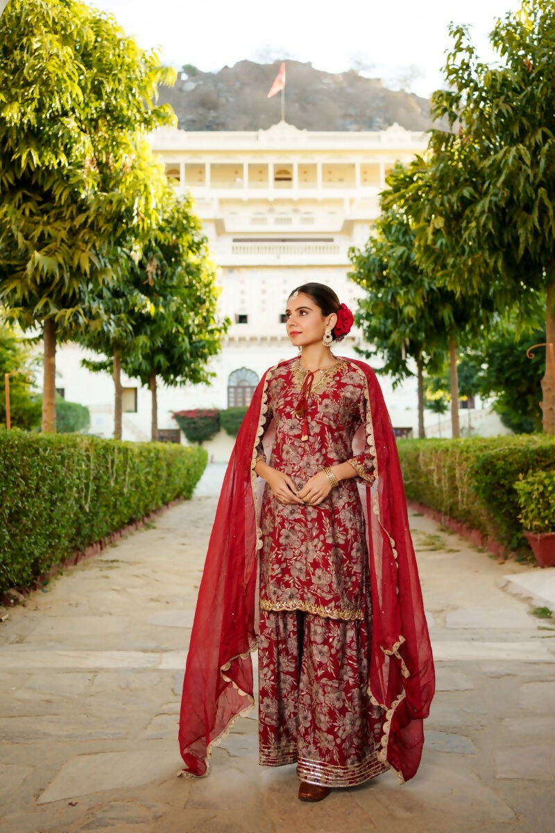 Vaasva Women Maroon Muslin Floral & Embroidered Cut Work Kurta ,Sharara & Dupatta set - Distacart