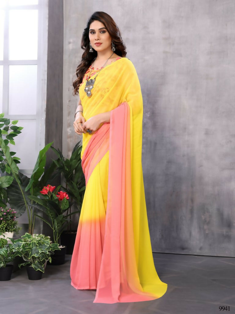 Partywear Designer Yellow & Pink Georgette Fancy Saree - Satrangi - Distacart