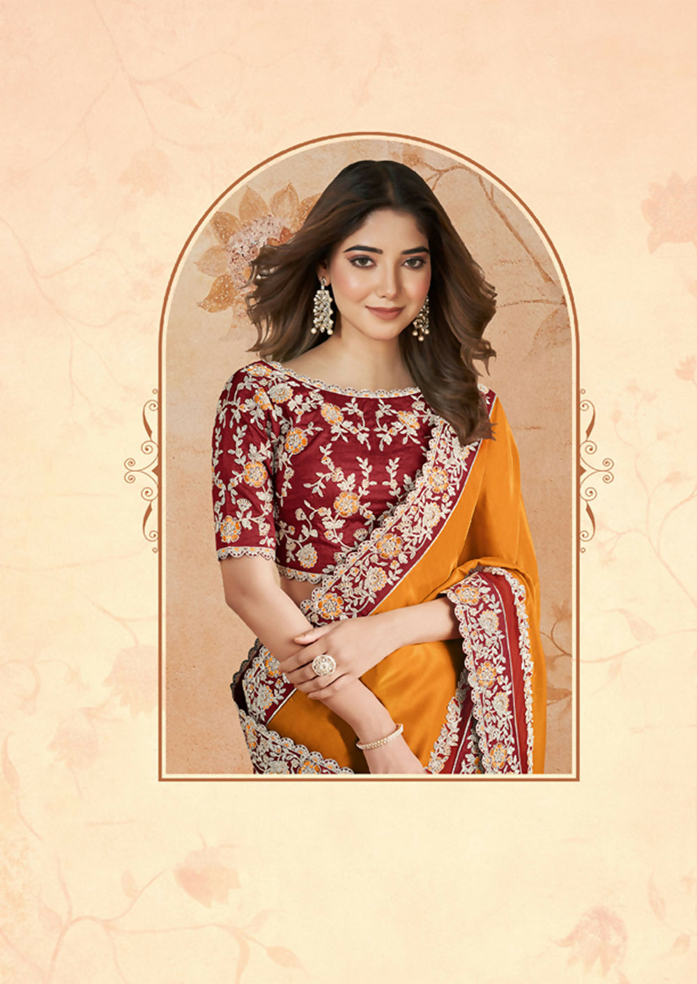 Orange Silk Georgette Floral Embroidery Saree with Heavy Embroidery Border Saree - Mohmanthan Dakshika - Distacart