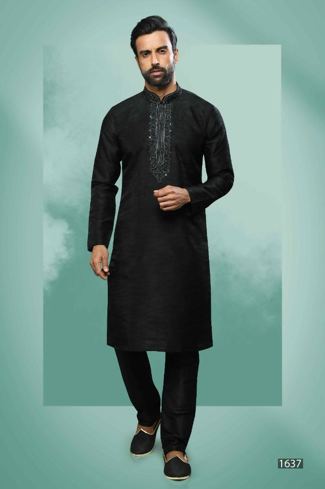 Raivat Ethnic Art Silk Mirror Embroidery Work Kurta Pajama In Black Colour - Dista