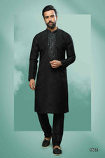 Thumbnail for Raivat Ethnic Art Silk Mirror Embroidery Work Kurta Pajama In Black Colour - Dista