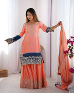 Thumbnail for The52 Women's Beautiful Chinon silk Fabric Embroidery Work Straight Kurta Palazzo and Dupatta Set - Distacart