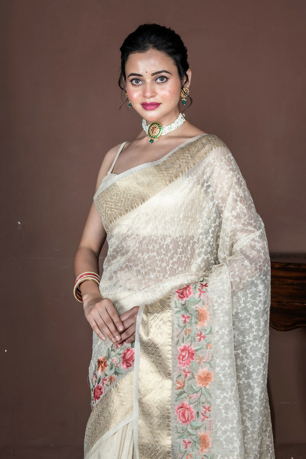 Morchari Beige Banarasi Tissue Computer Embroidery Saree Unstitched Blouse