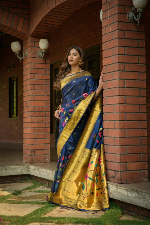 Jyoti Fashion Women's Navy Blue Paithani Silk Zari Woven Saree with Blouse - Distacart