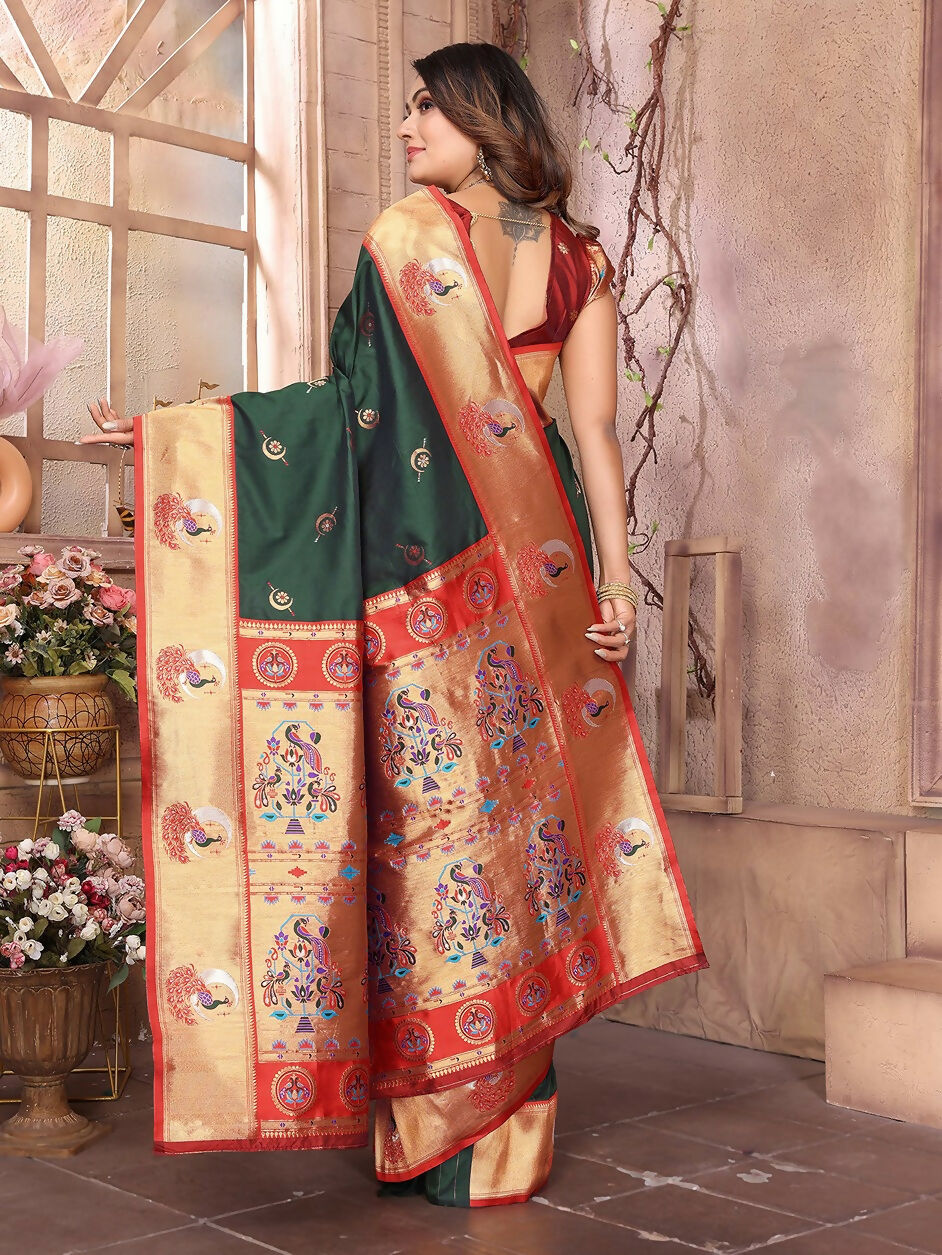 Joban Fashion Paithani Dark Green Woven Soft Silk Saree