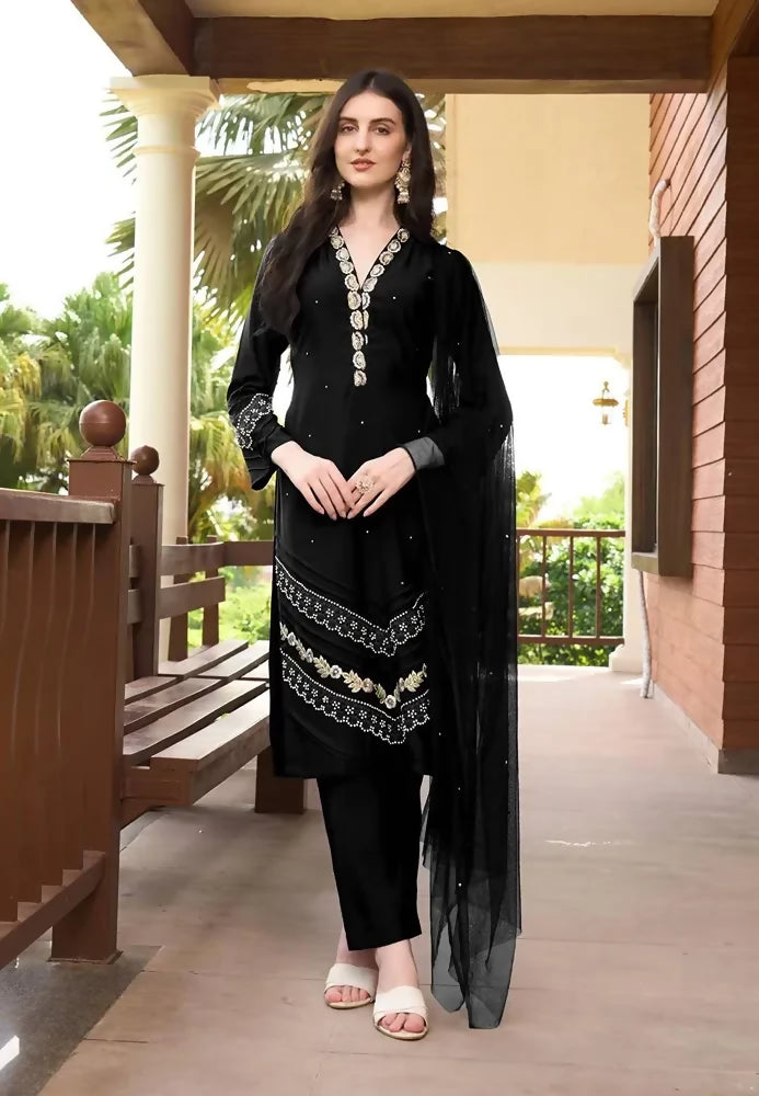 Nikhaar Black Embroidered Art Silk Straight Cut Readymade Pakistani Suit