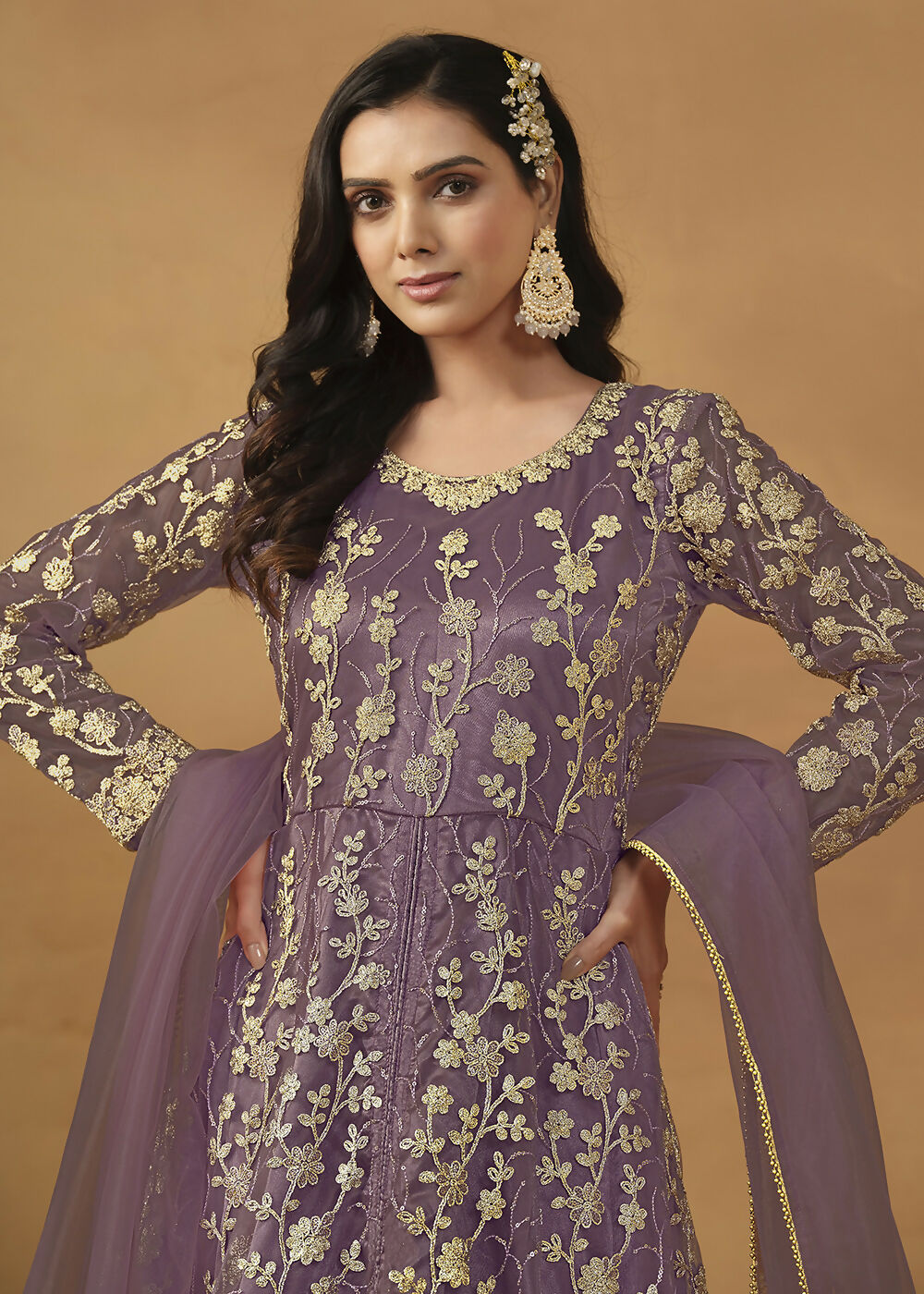 Pant Style Purple Embroidered Net Wedding Anarkali Suit - Emponline - Distacart