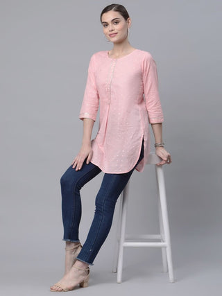 Ahalyaa Women Baby Pink Beautiful Pure Cotton Printed Tunic - Distacart