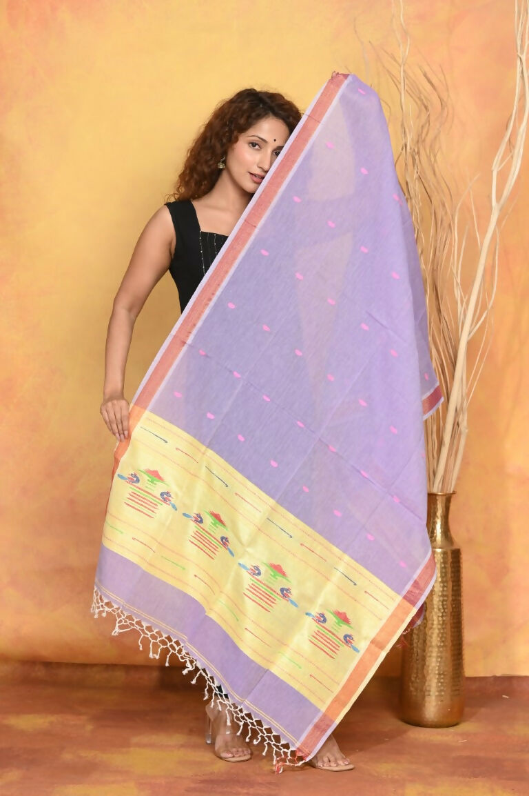 Very Much Indian Handloom Pure Cotton Paithani Dupatta - Lavender - Distacart
