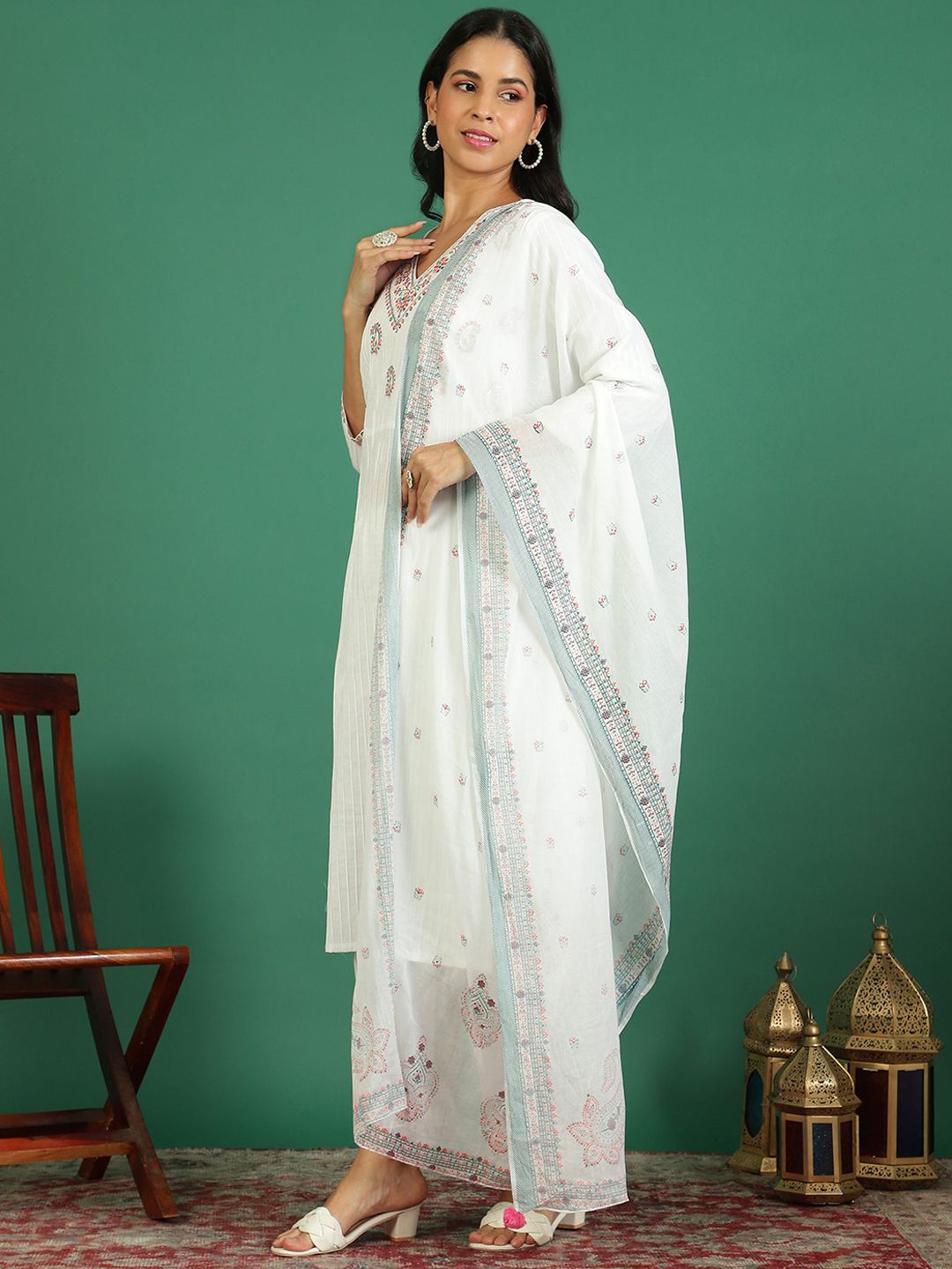 Sangria Printed Pure Cotton V- Neck Kurta & Trousers With Dupatta