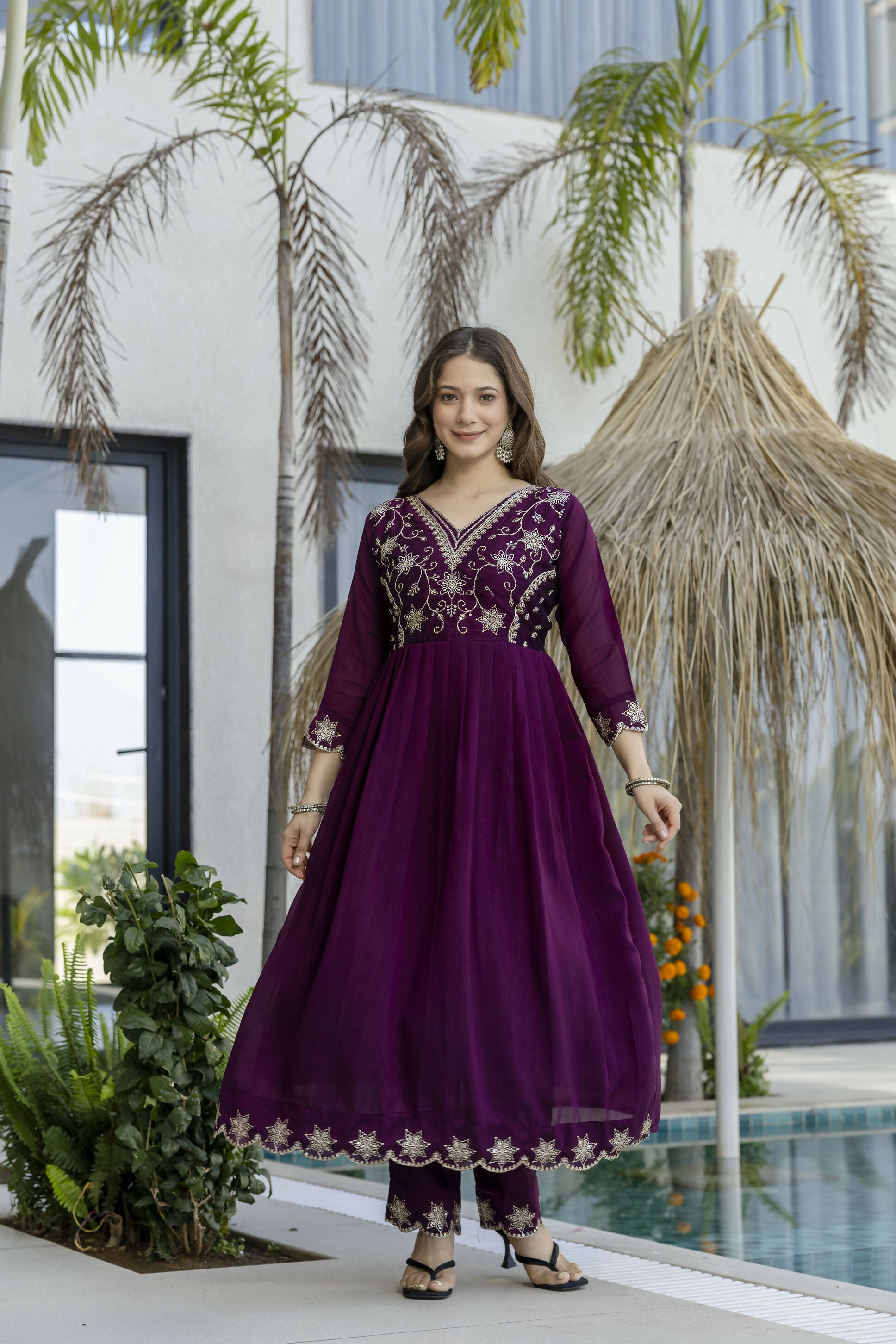 The52 Women's Beautiful Embroidery Work Vichitra Silk Fabric Flared Anarkali Pant and Dupatta Set - Distacart