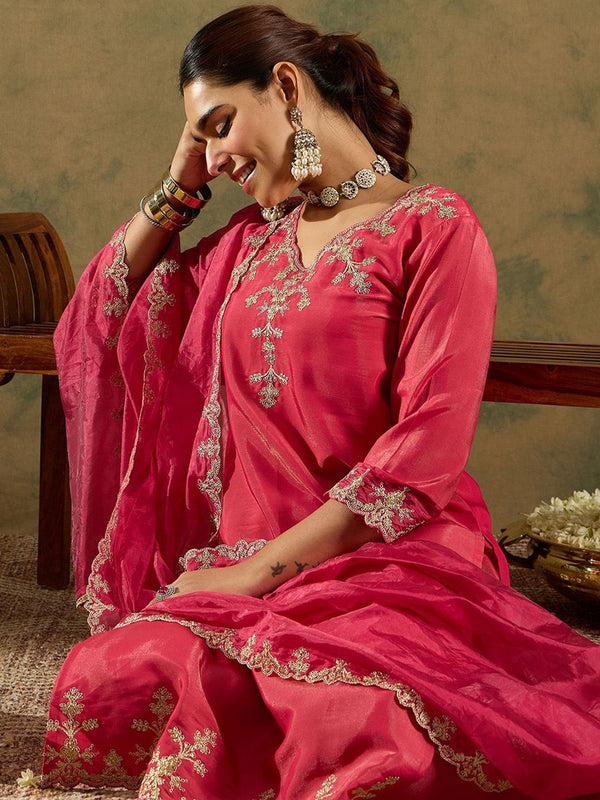 Indo Era Floral Embroidered Kurta With Trousers & Dupatta