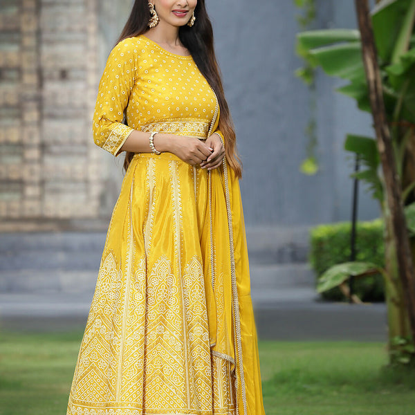Juniper Mustard Bandhani Printed Shantoon Slub Lehenga Choli & Net Dupatta Set. - Distacart