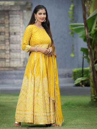 Juniper Mustard Bandhani Printed Shantoon Slub Lehenga Choli & Net Dupatta Set. - Distacart