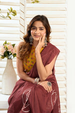 Thumbnail for Vastranavya Dark Brown Digital Printed Linen Ready To Wear Designer Saree with Unstitched Blouse - Distacart