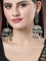 Thumbnail for NVR Women's Silver Plated Mirror Work Oxidised Contemporary Jhumka Earrings - Distacart